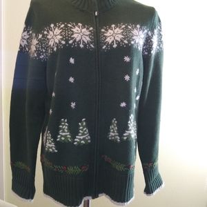 Winter scene cardigan green sweater